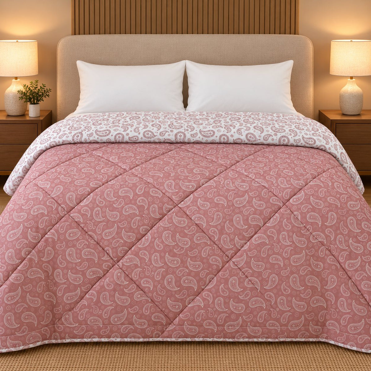 Rose Paisley Dohra Reversible Comforter by Reet (pink, white, paisley) — front side