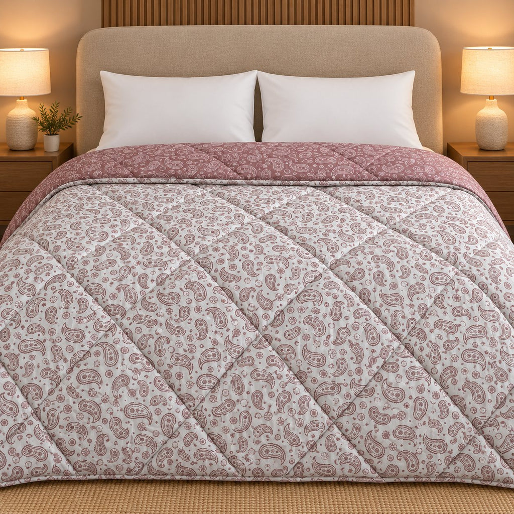 Rose Paisley Dohra Reversible Comforter by Reet (pink, white, paisley) — reverse side
