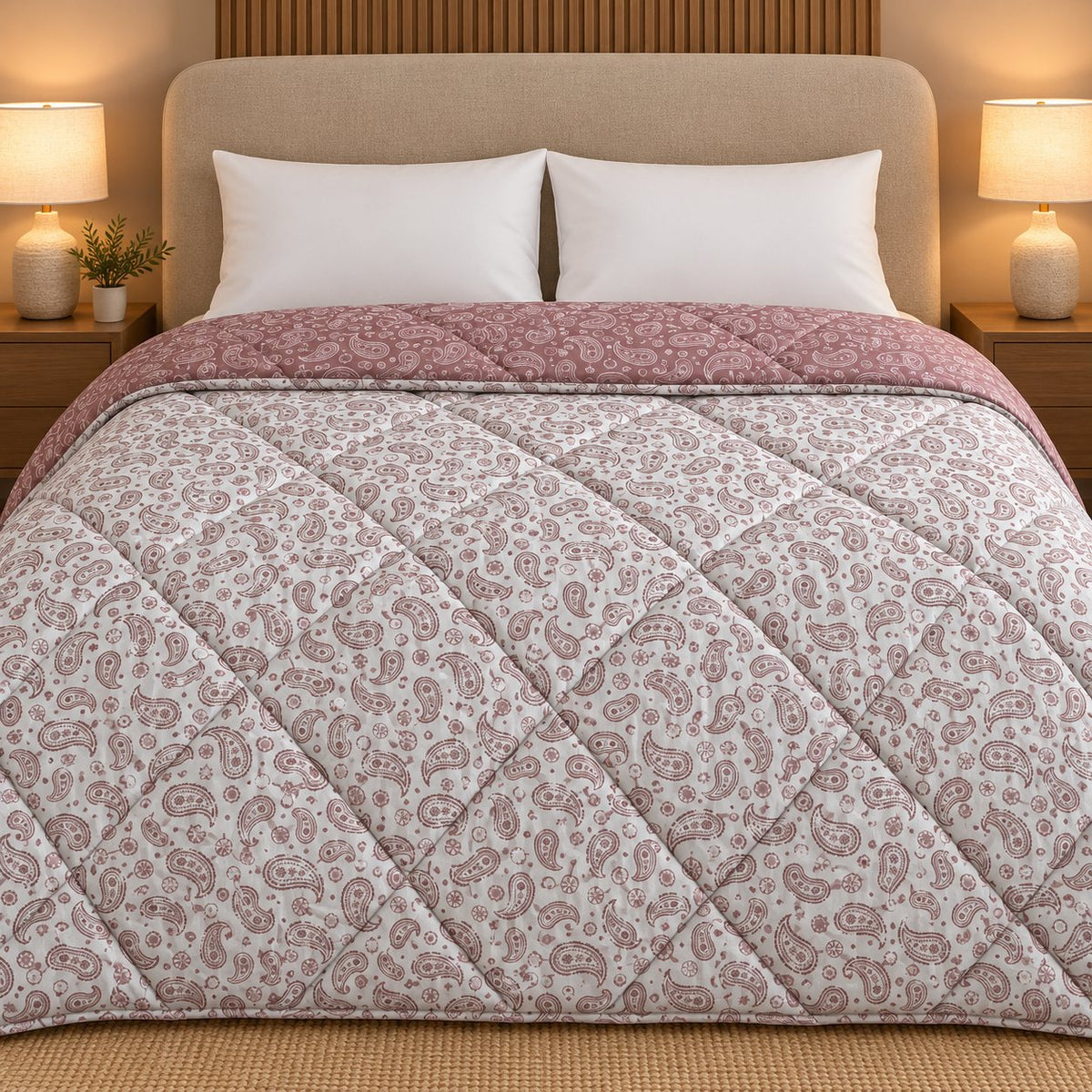 Rose Paisley Dohra Reversible Comforter by Reet (pink, white, paisley) — reverse side