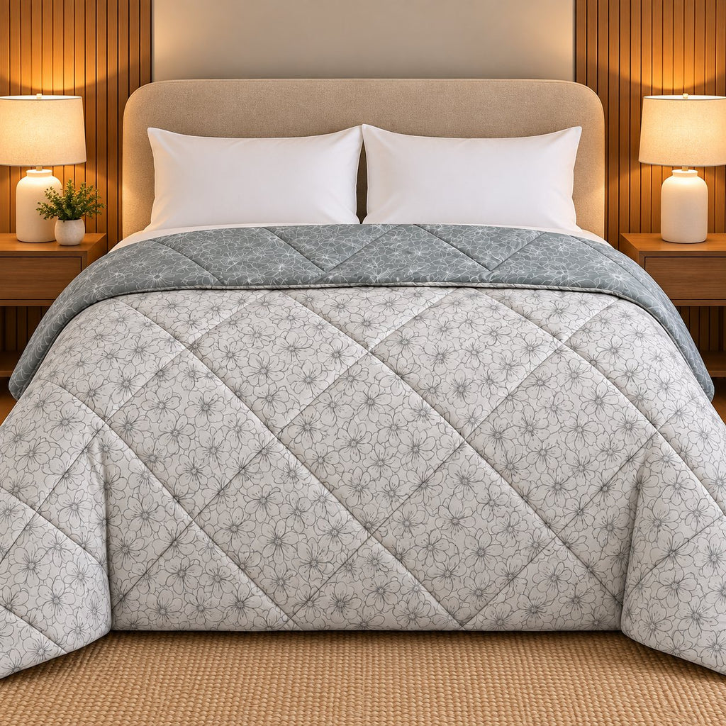 Sage Blossom Dohra Reversible Comforter by Reet (grey, sage green, off white, floral) — reverse side