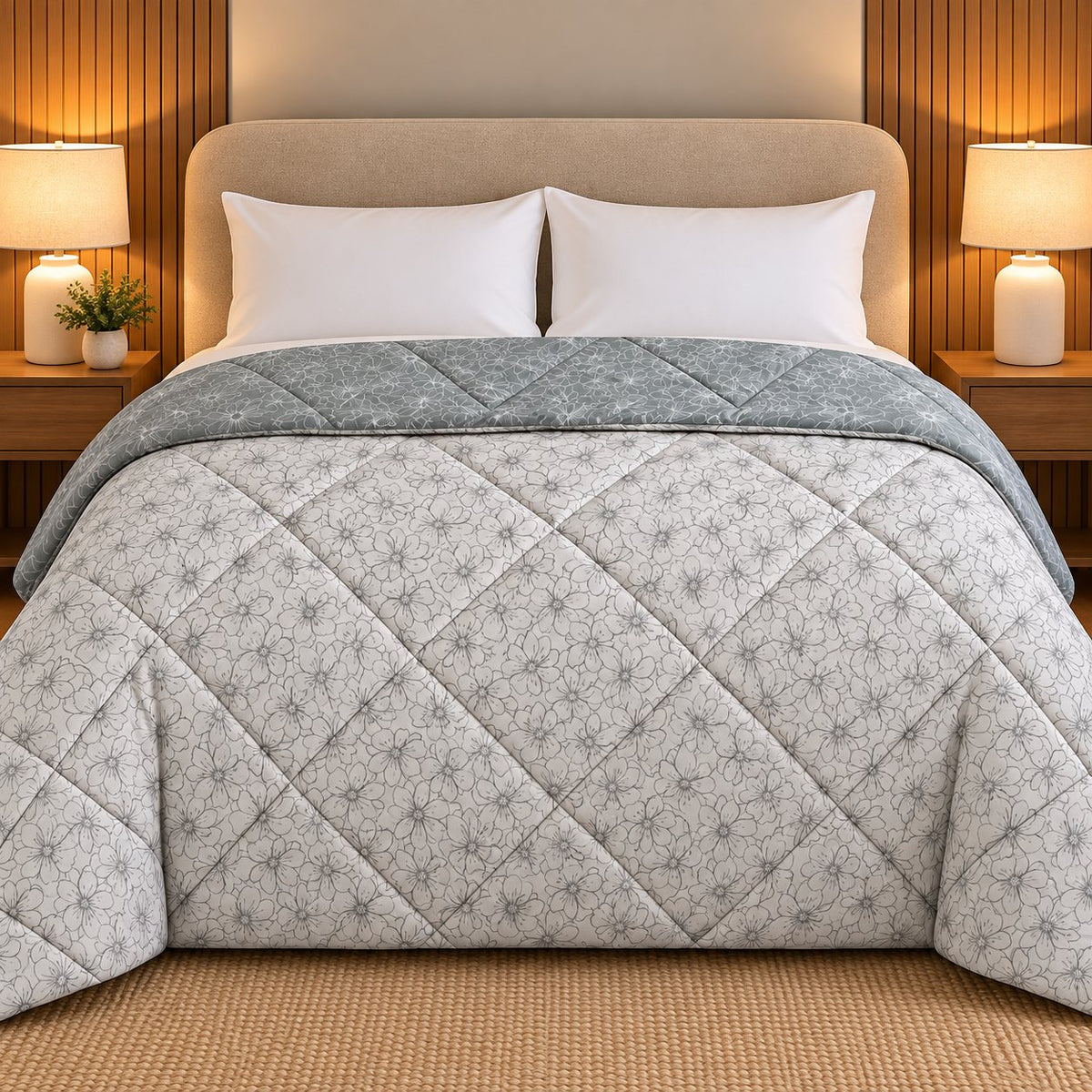 Sage Blossom Dohra Reversible Comforter by Reet (grey, sage green, off white, floral) — reverse side