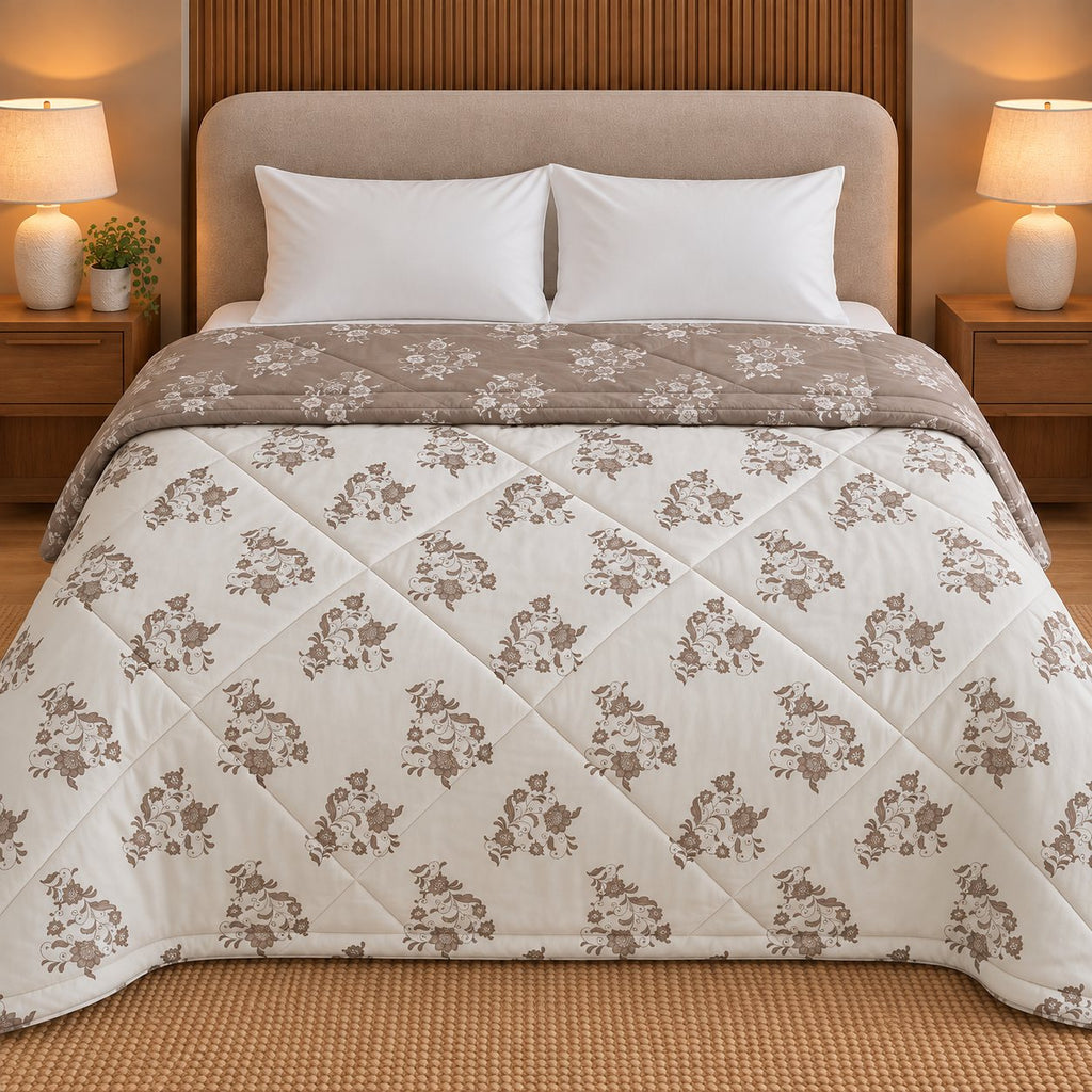 Mocha Bloom Dohra Reversible Comforter by Reet (brown, beige, white, floral) — reverse side
