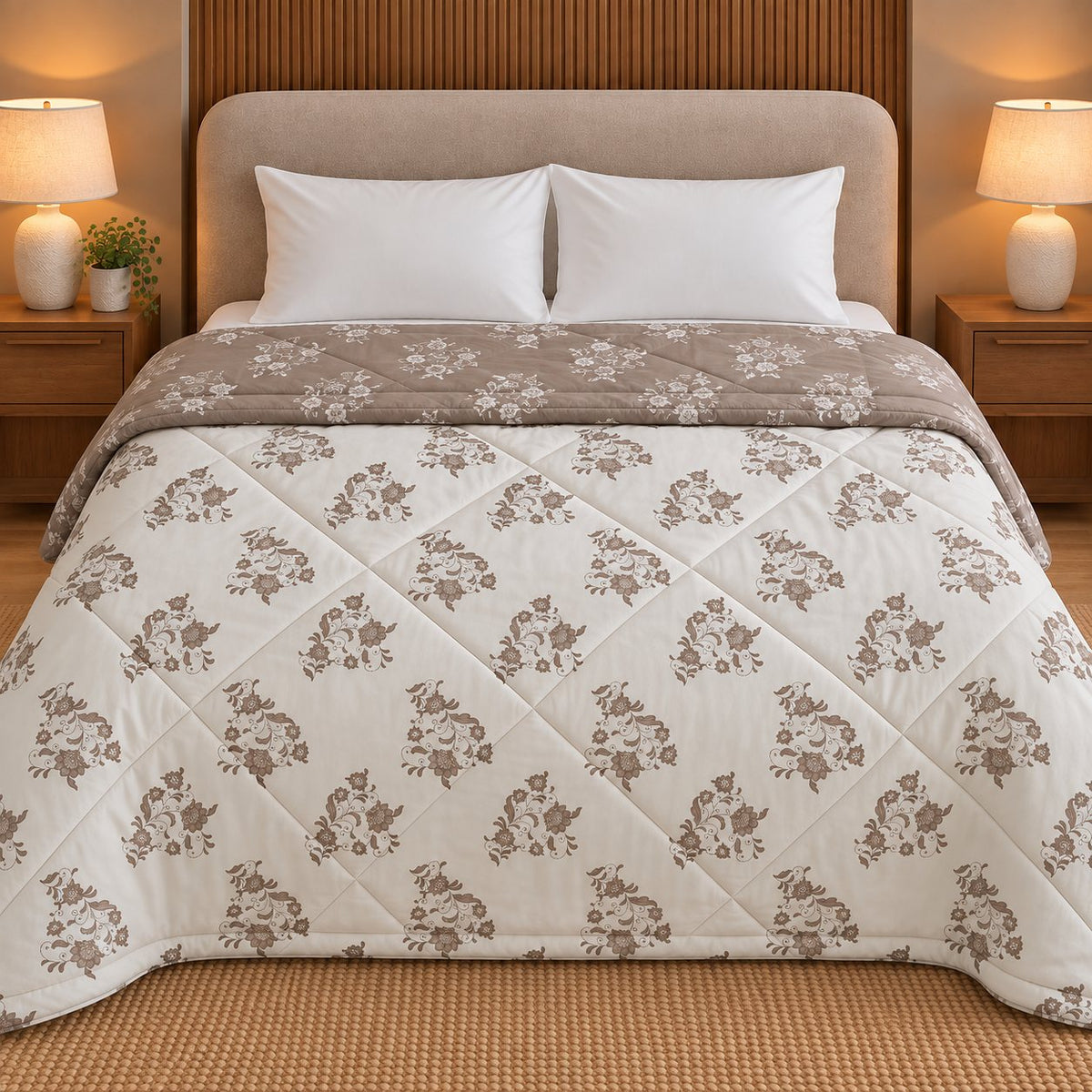 Mocha Bloom Dohra Reversible Comforter by Reet (brown, beige, white, floral) — reverse side
