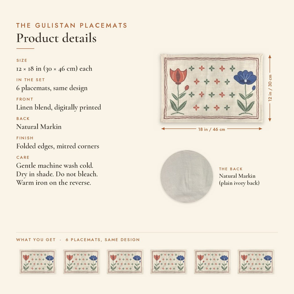 Tulip & Poppy (Ivory) placemats set of 6 by Reet (table mats, 12 x 18 in) — product details and size 12 x 18 in
