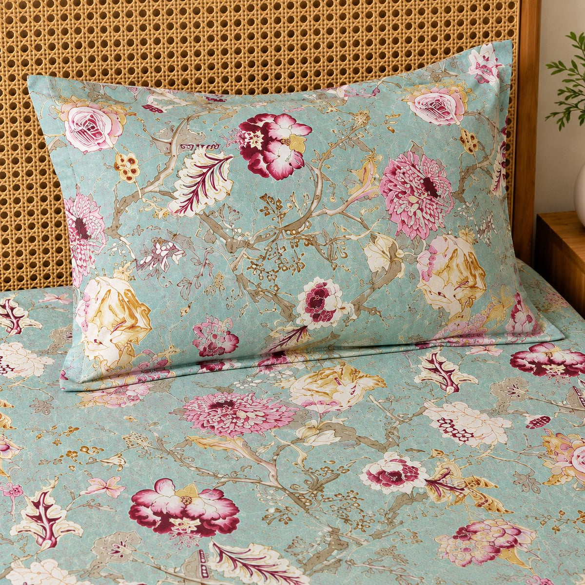 Mehendi Bloom Cotton Bedsheet Set by Reet (sea green, light green, pink, floral)