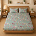 Mehendi Bloom Cotton Bedsheet Set by Reet (sea green, light green, pink, floral)