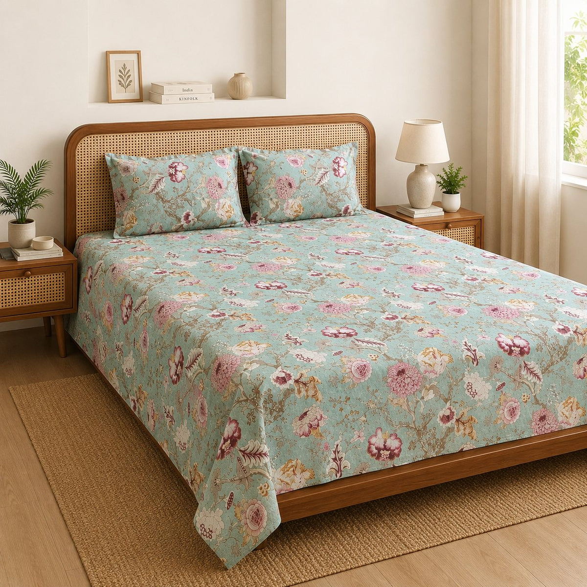 Mehendi Bloom Cotton Bedsheet Set by Reet (sea green, light green, pink, floral)