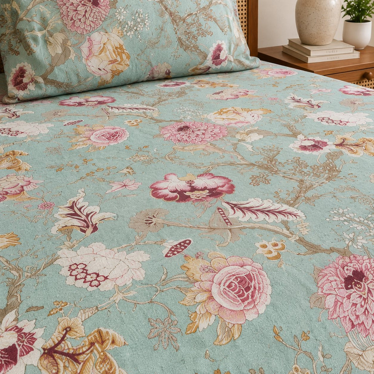 Mehendi Bloom Cotton Bedsheet Set by Reet (sea green, light green, pink, floral)
