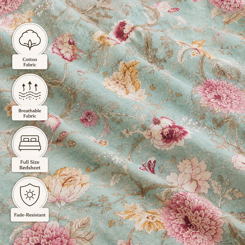 Mehendi Bloom Cotton Bedsheet Set by Reet (sea green, light green, pink, floral)