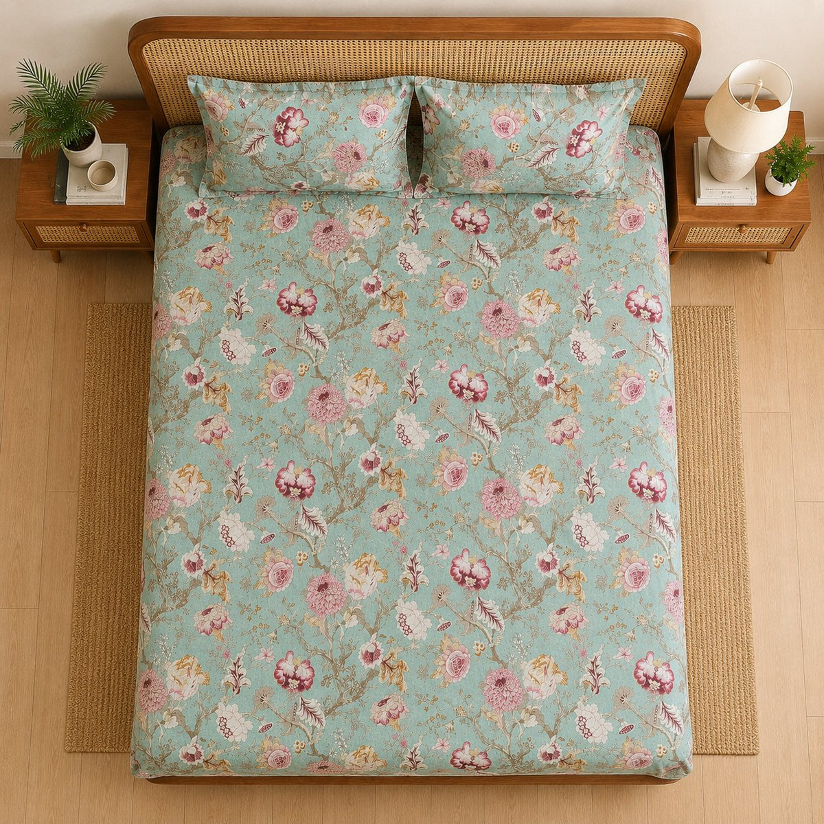 Mehendi Bloom Cotton Bedsheet Set by Reet (sea green, light green, pink, floral)