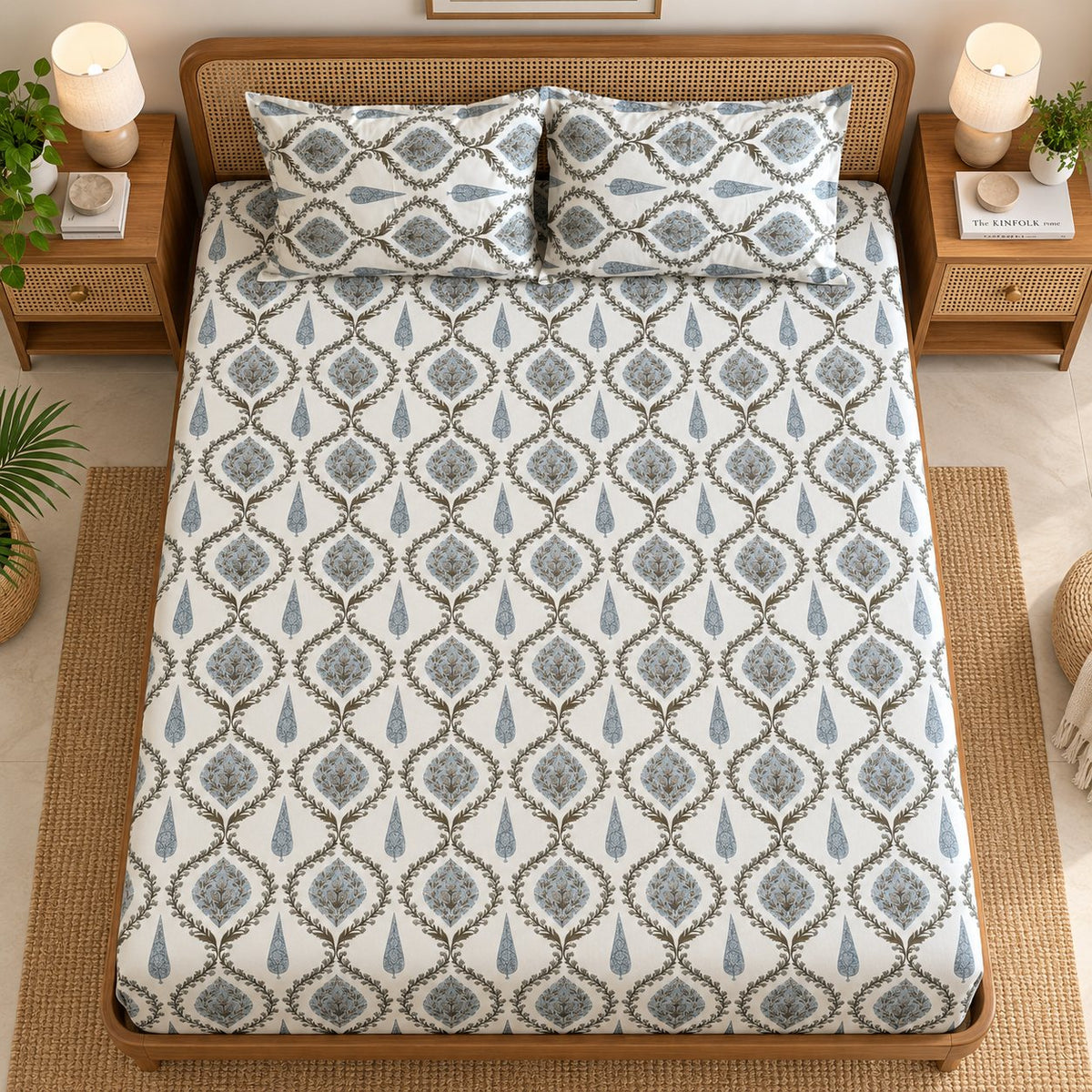 Sage Trellis Cotton Bedsheet Set by Reet (white, grey, blue, geometric)