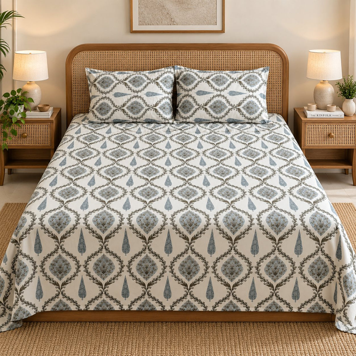 Sage Trellis Cotton Bedsheet Set by Reet (white, grey, blue, geometric)