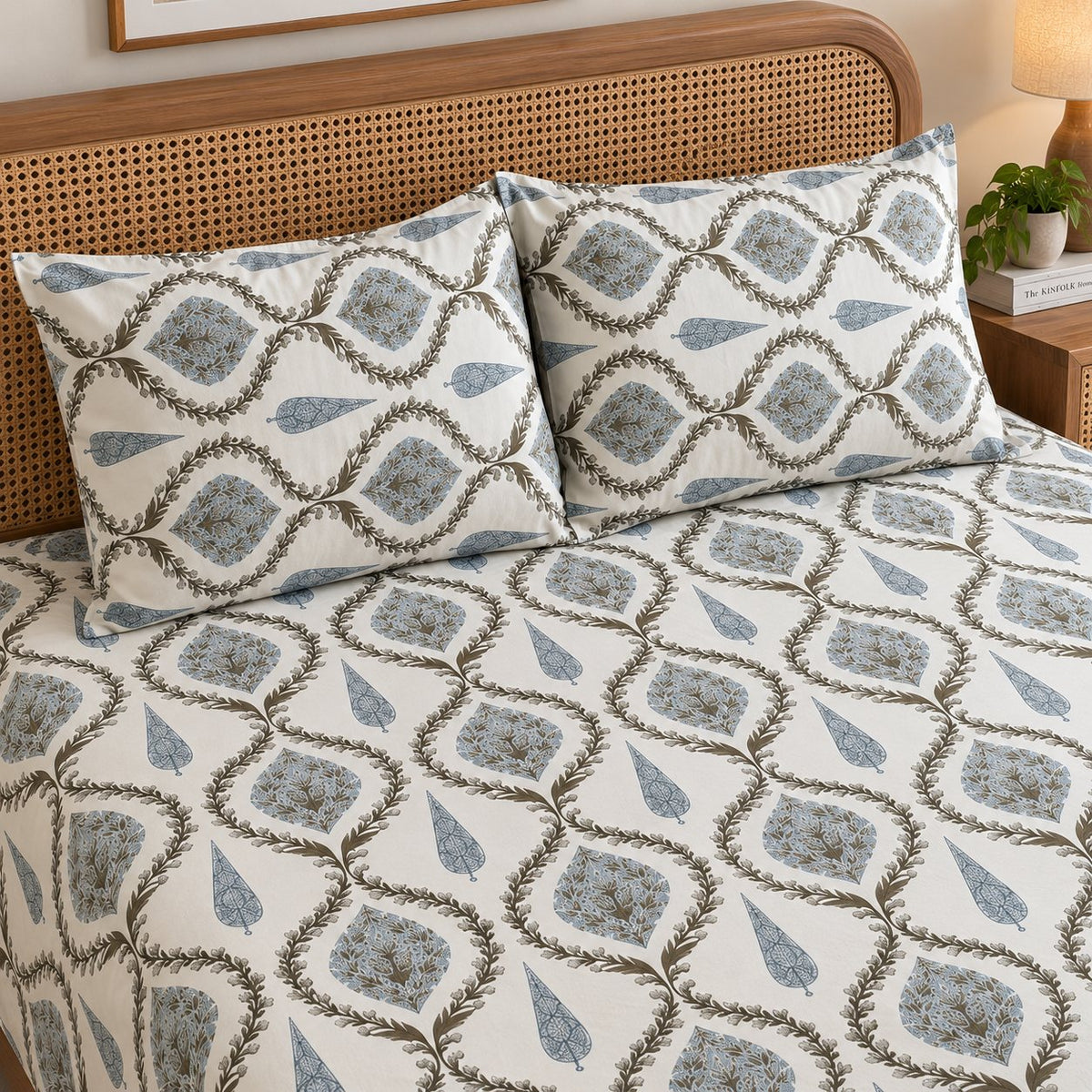 Sage Trellis Cotton Bedsheet Set by Reet (white, grey, blue, geometric)