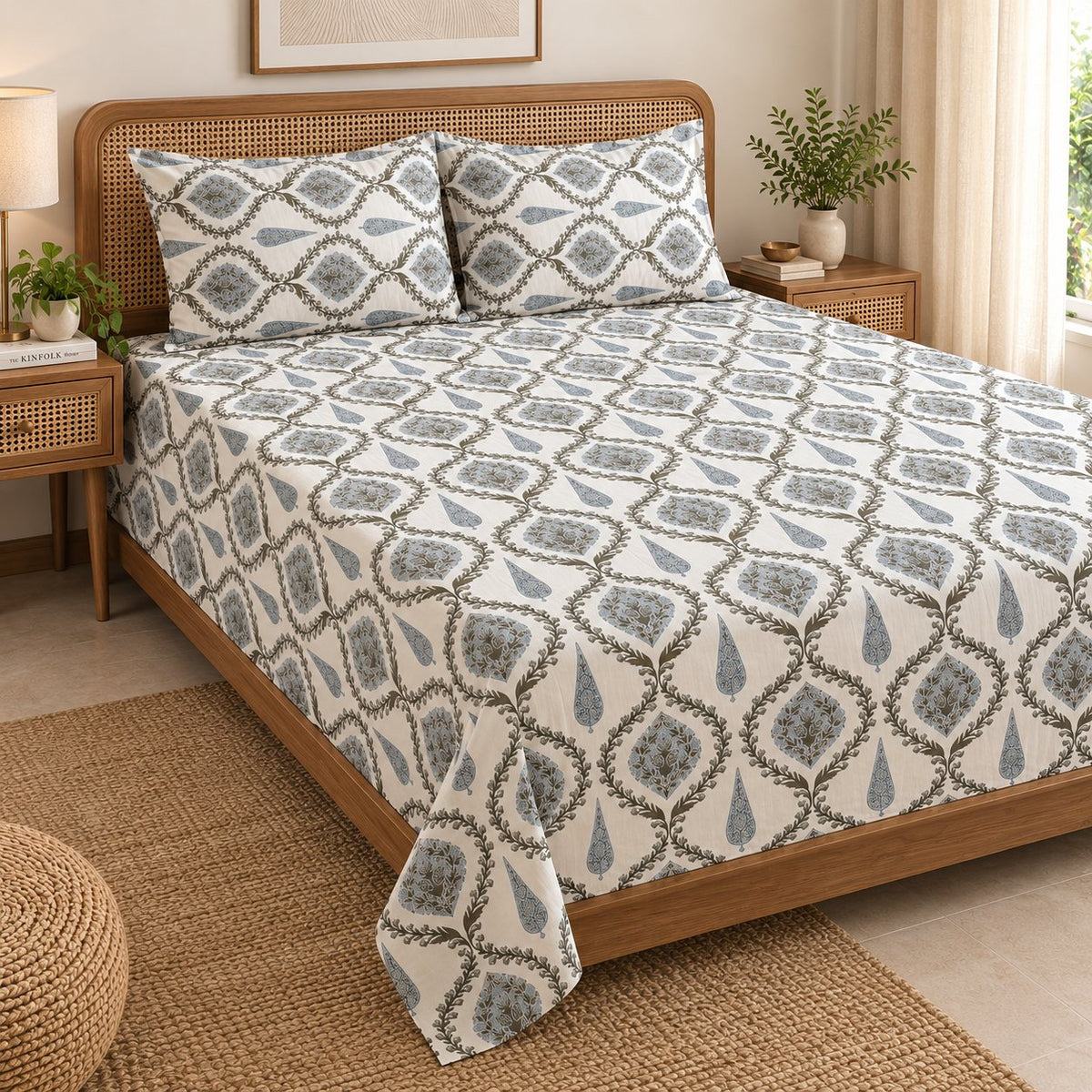 Sage Trellis Cotton Bedsheet Set by Reet (white, grey, blue, geometric)