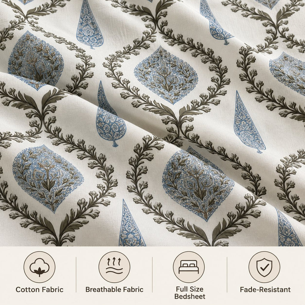 Sage Trellis Cotton Bedsheet Set by Reet (white, grey, blue, geometric)