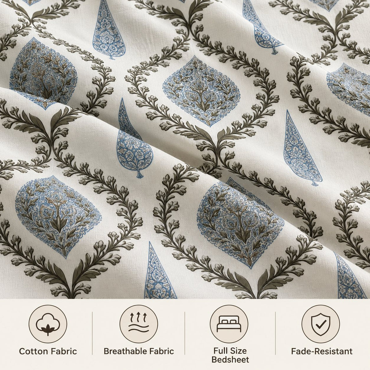 Sage Trellis Cotton Bedsheet Set by Reet (white, grey, blue, geometric)