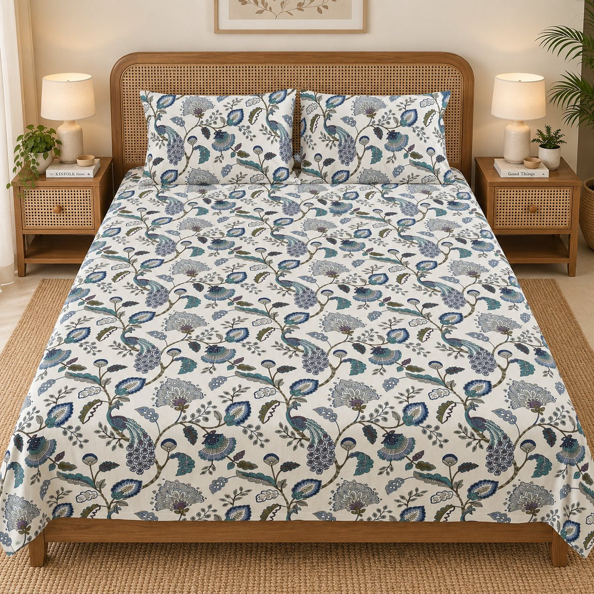 Peacock Bagh Cotton Bedsheet Set by Reet (white, blue, teal, peacock)