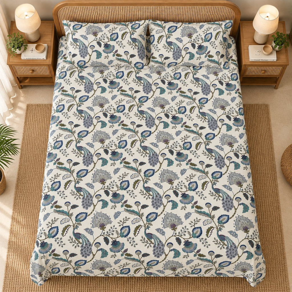 Peacock Bagh Cotton Bedsheet Set by Reet (white, blue, teal, peacock)