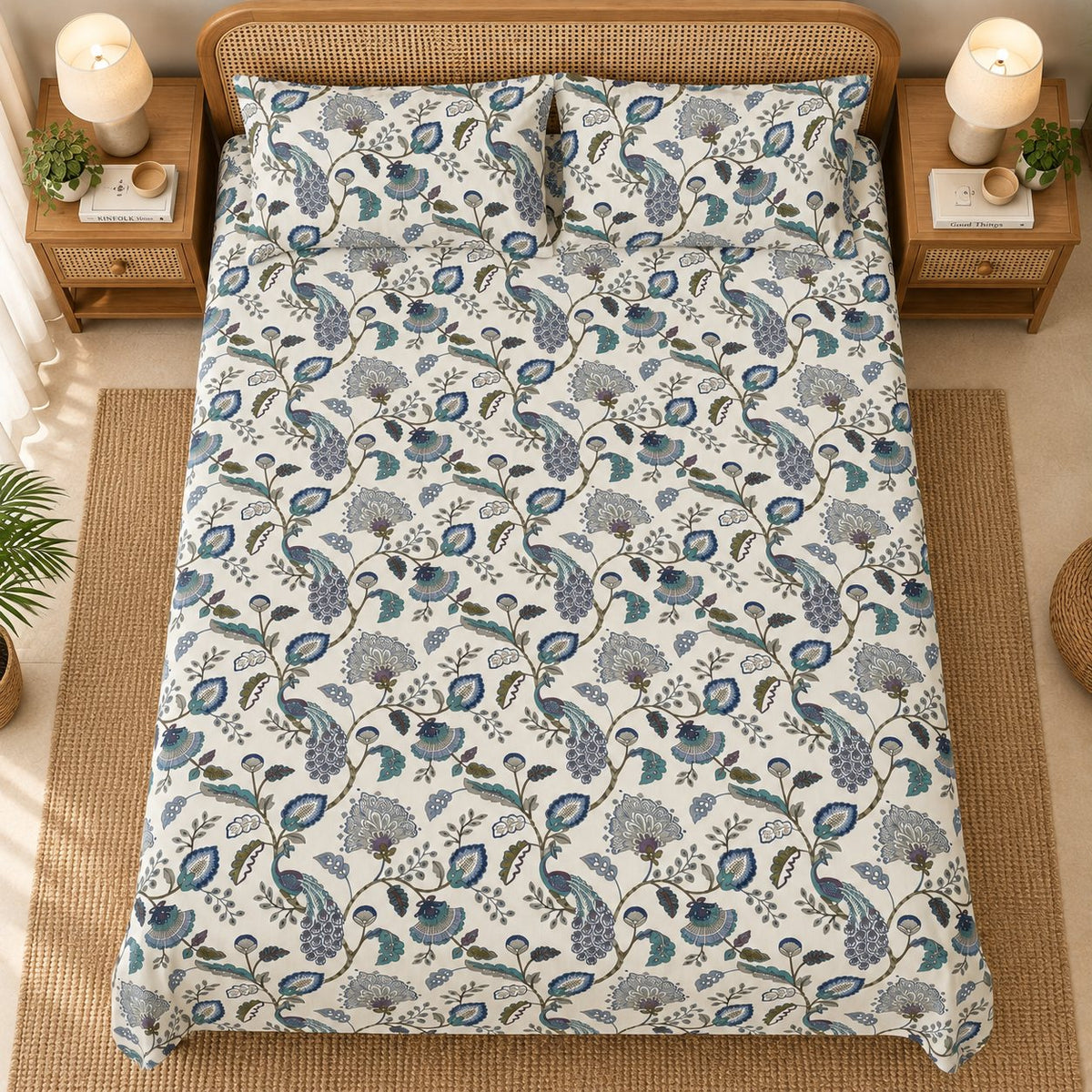 Peacock Bagh Cotton Bedsheet Set by Reet (white, blue, teal, peacock)