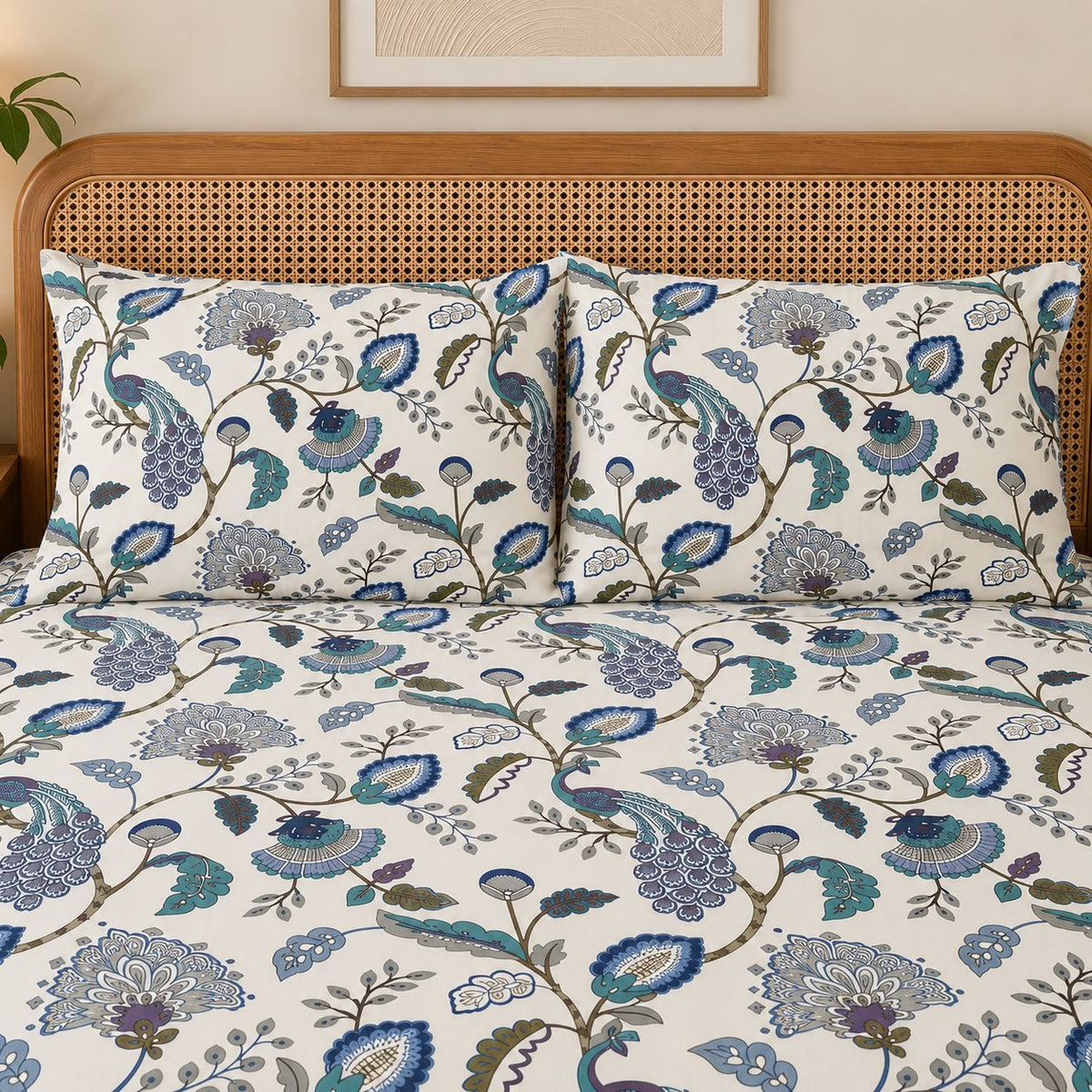 Peacock Bagh Cotton Bedsheet Set by Reet (white, blue, teal, peacock)