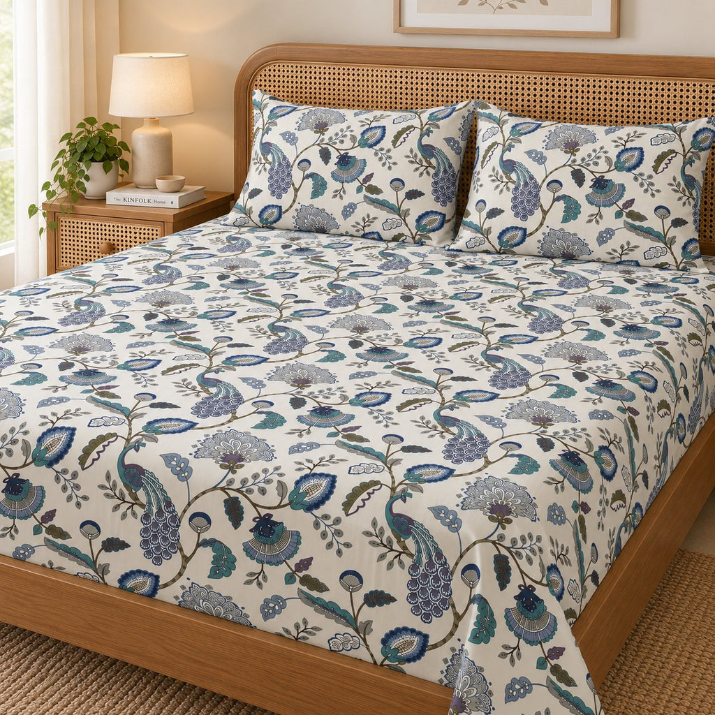 Peacock Bagh Cotton Bedsheet Set by Reet (white, blue, teal, peacock)