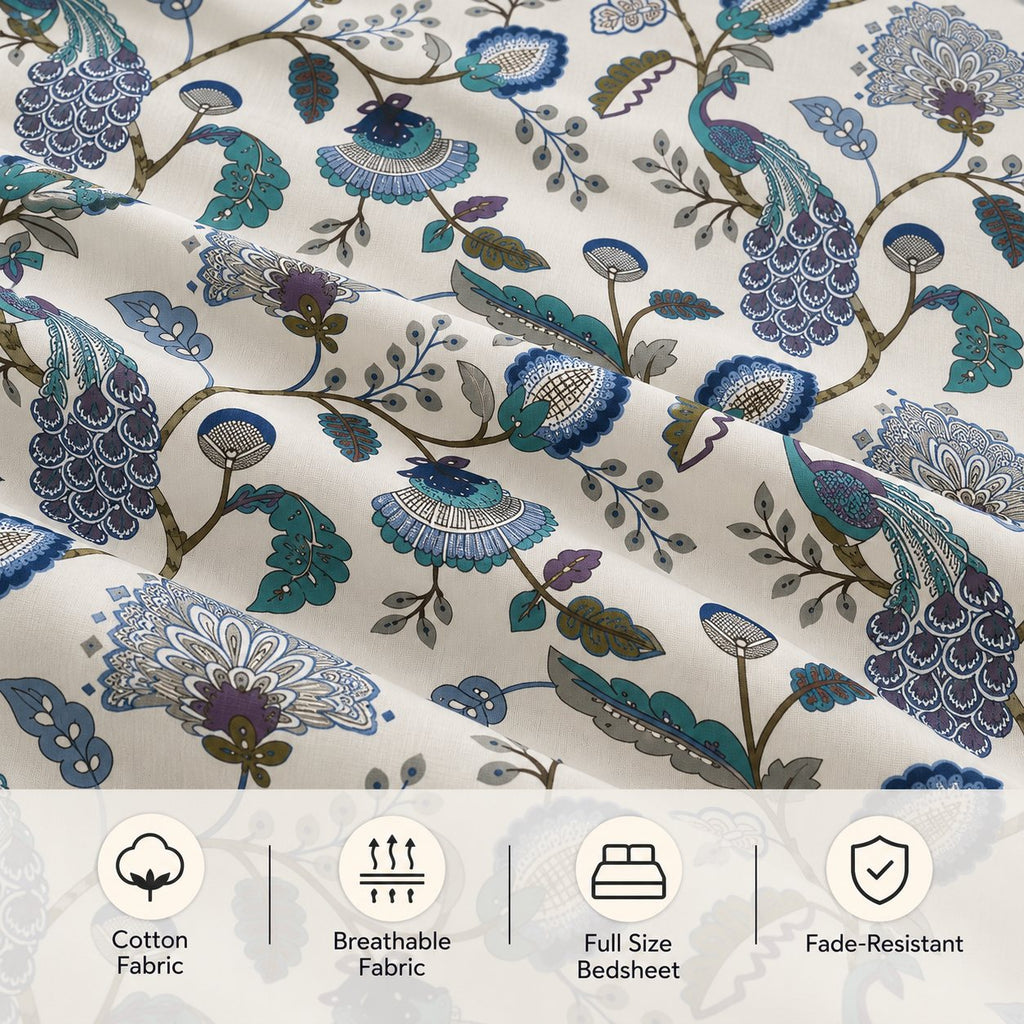 Peacock Bagh Cotton Bedsheet Set by Reet (white, blue, teal, peacock)