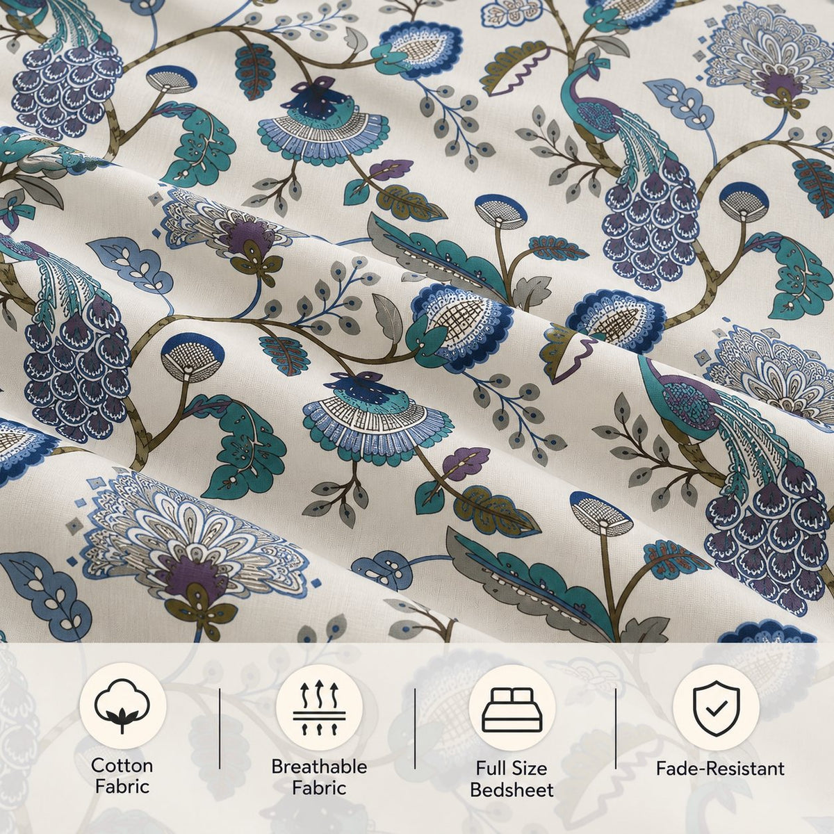 Peacock Bagh Cotton Bedsheet Set by Reet (white, blue, teal, peacock)