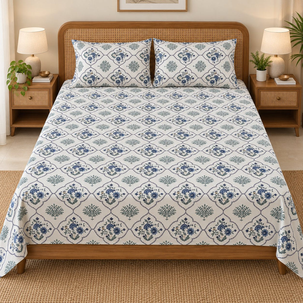Indigo Lattice Cotton Bedsheet Set by Reet (white, blue, indigo, geometric)