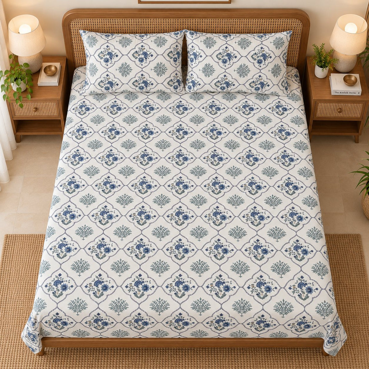 Indigo Lattice Cotton Bedsheet Set by Reet (white, blue, indigo, geometric)