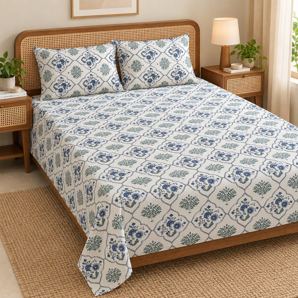 Indigo Lattice Cotton Bedsheet Set by Reet (white, blue, indigo, geometric)