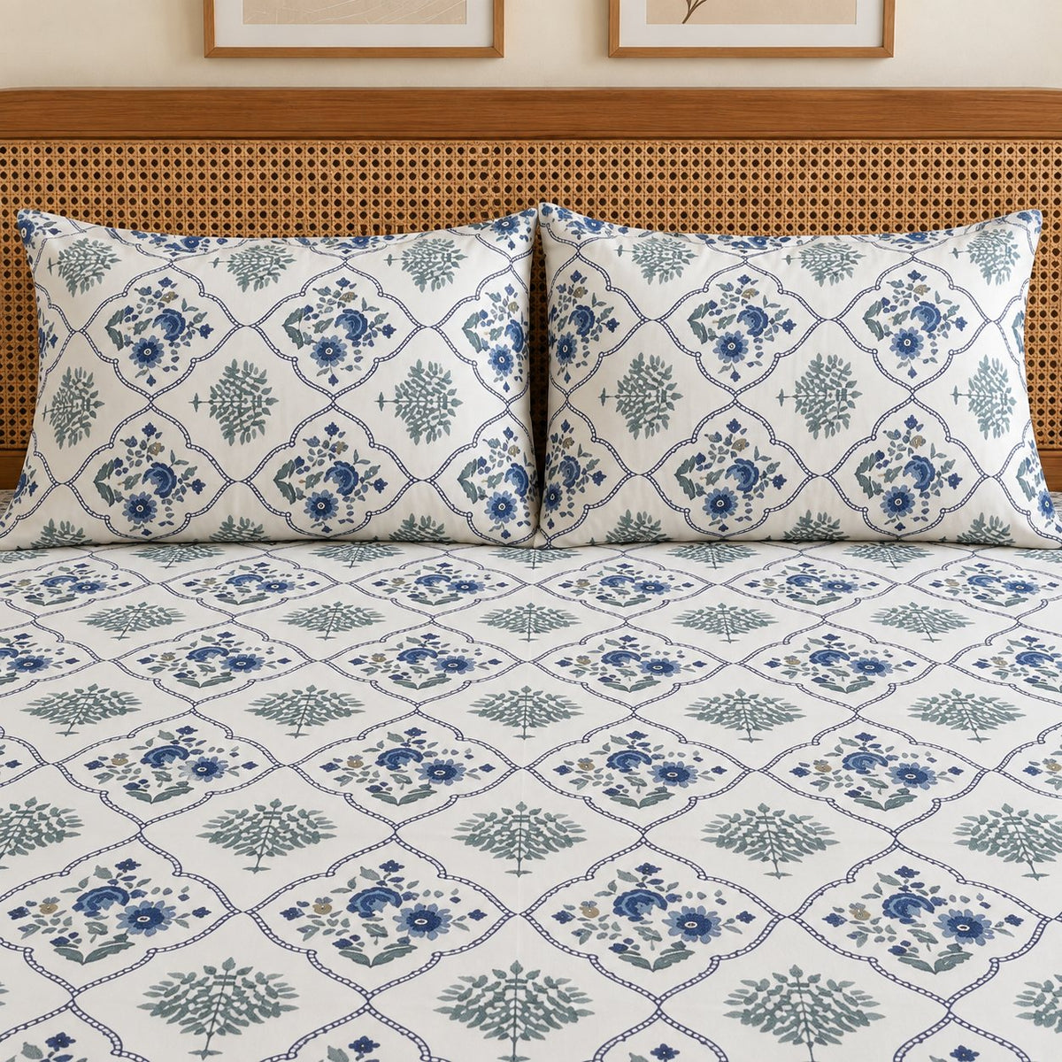 Indigo Lattice Cotton Bedsheet Set by Reet (white, blue, indigo, geometric)