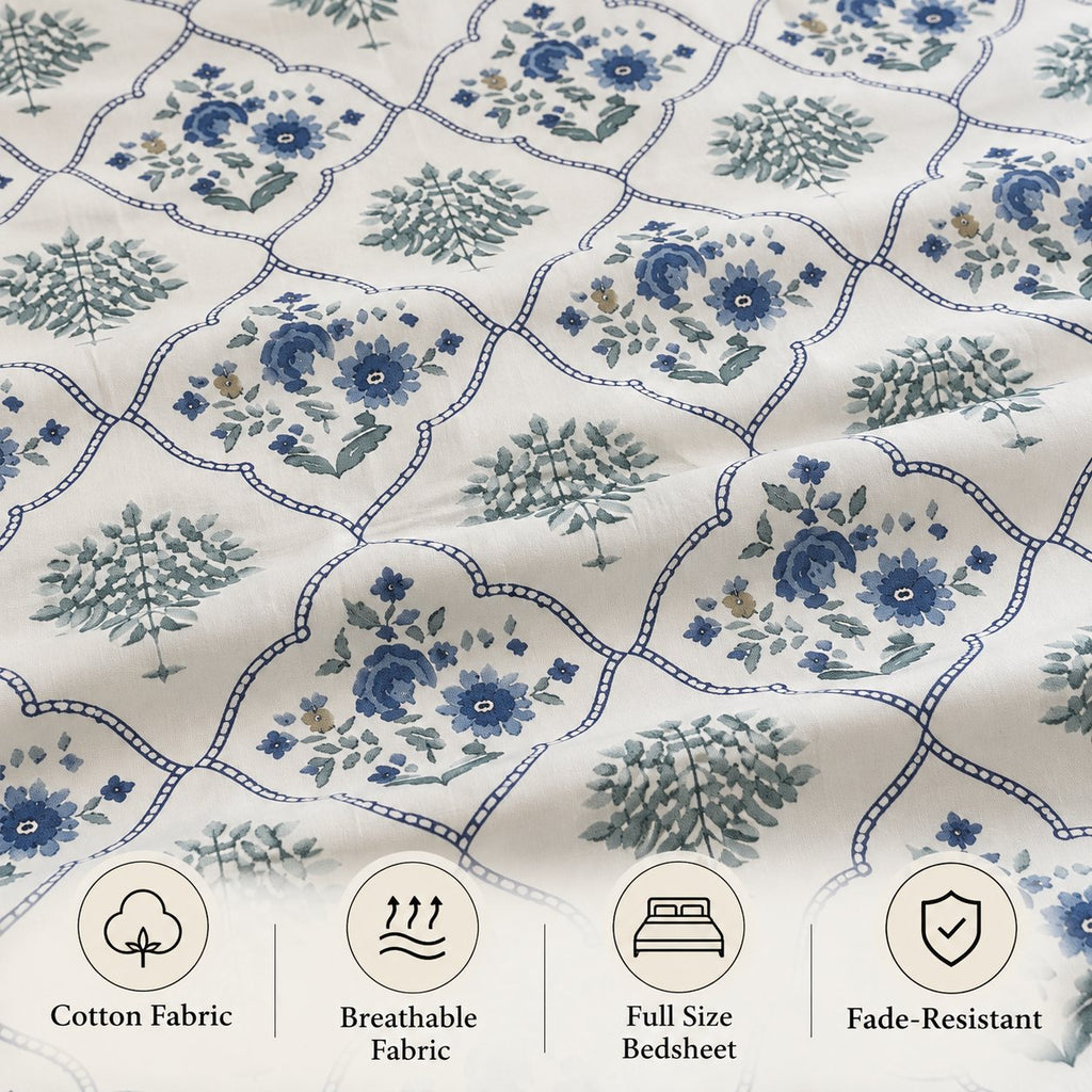 Indigo Lattice Cotton Bedsheet Set by Reet (white, blue, indigo, geometric)