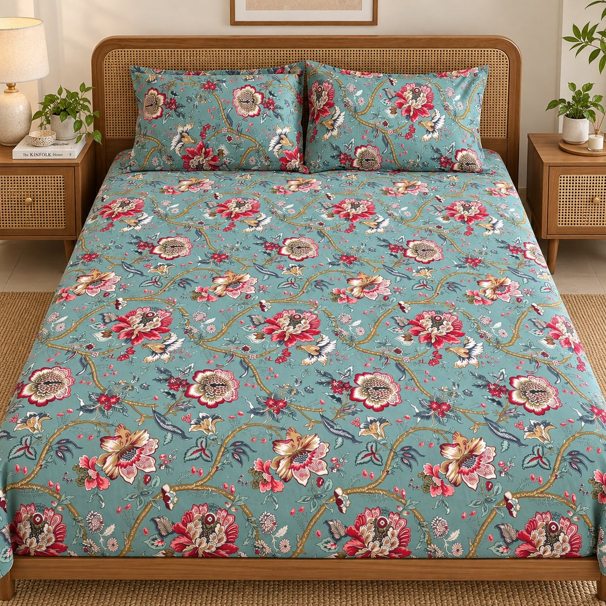 Jade Jacobean Cotton Bedsheet Set by Reet (green, sea green, red, floral)
