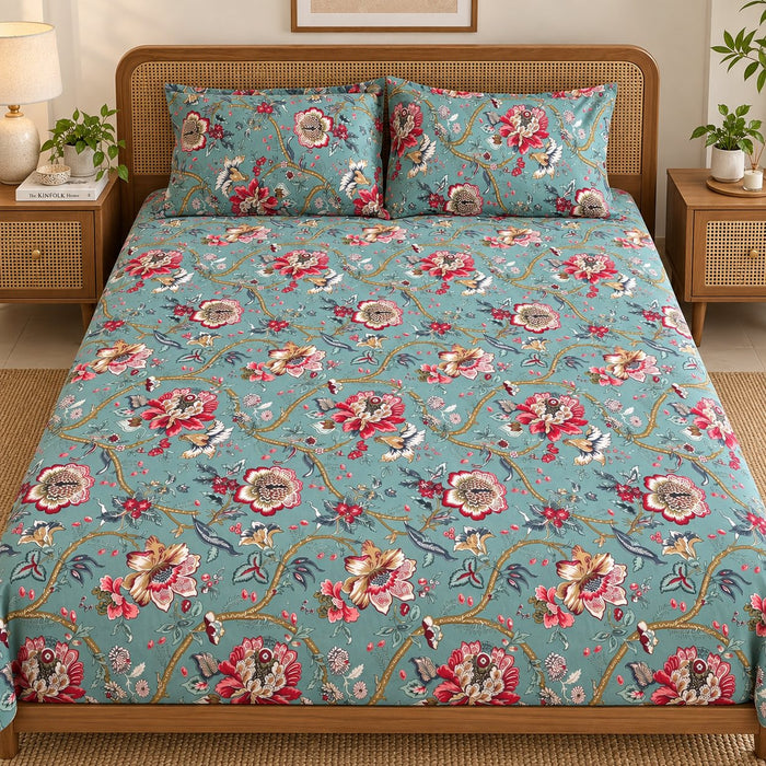 Jade Jacobean Cotton Bedsheet Set by Reet (green, sea green, red, floral)