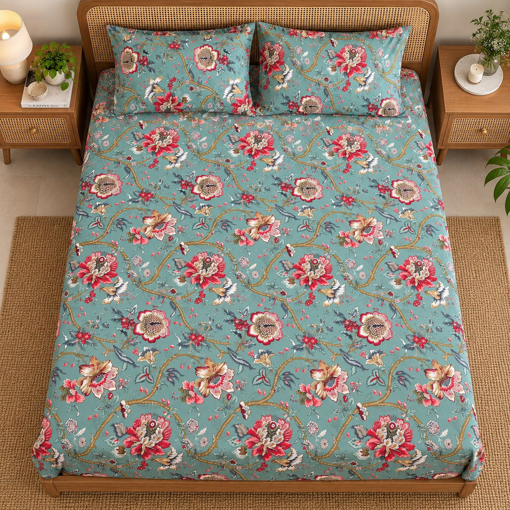 Jade Jacobean Cotton Bedsheet Set by Reet (green, sea green, red, floral)