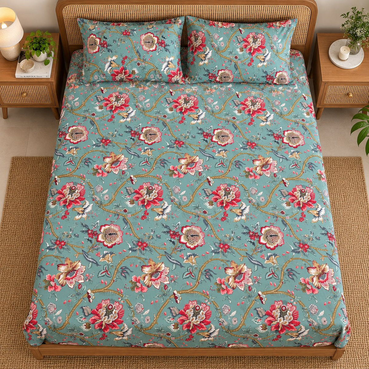 Jade Jacobean Cotton Bedsheet Set by Reet (green, sea green, red, floral)