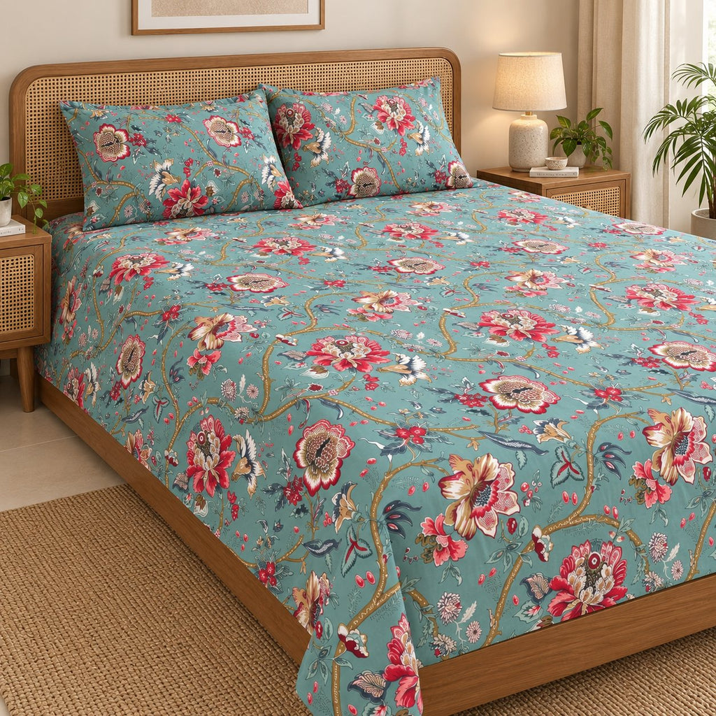 Jade Jacobean Cotton Bedsheet Set by Reet (green, sea green, red, floral)