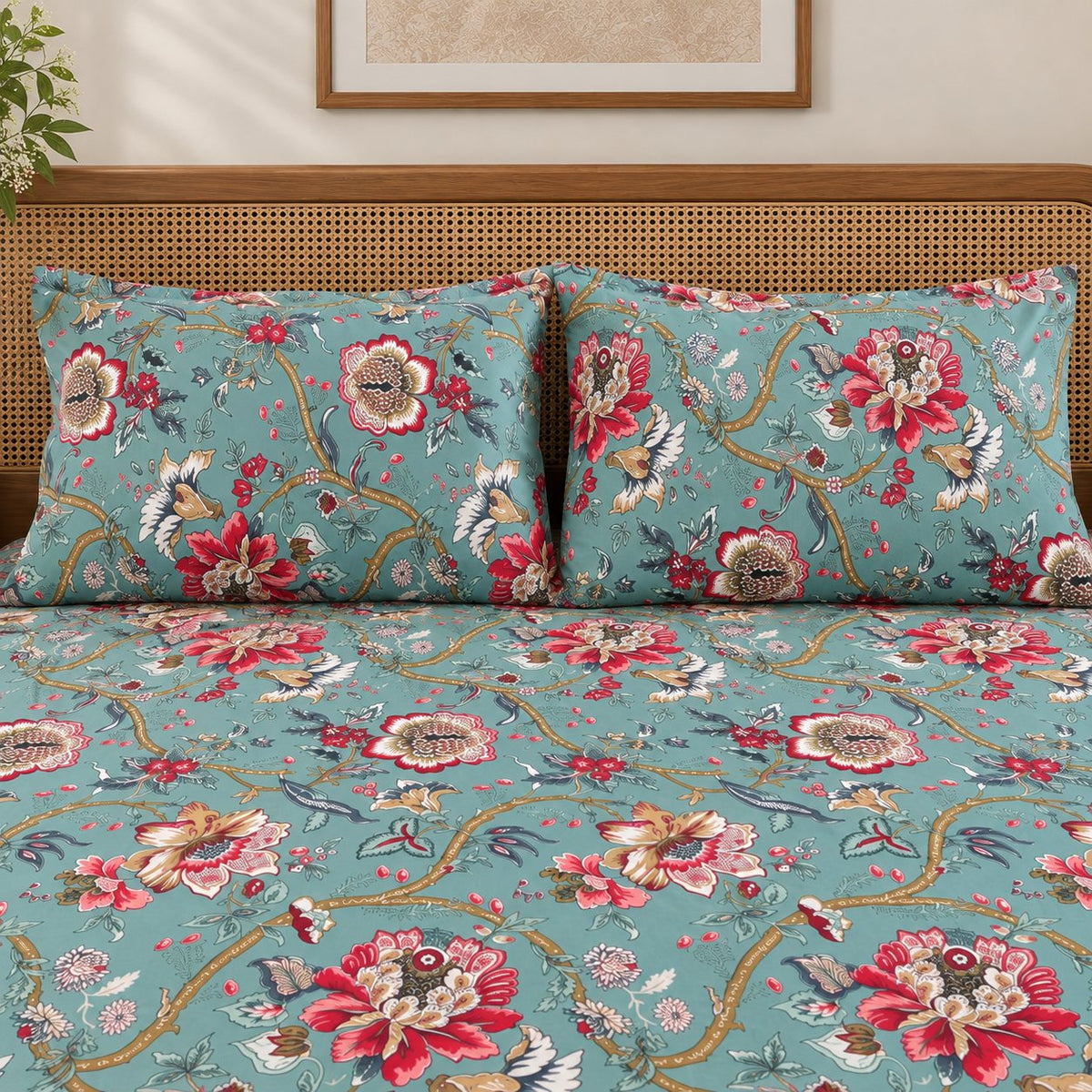 Jade Jacobean Cotton Bedsheet Set by Reet (green, sea green, red, floral)