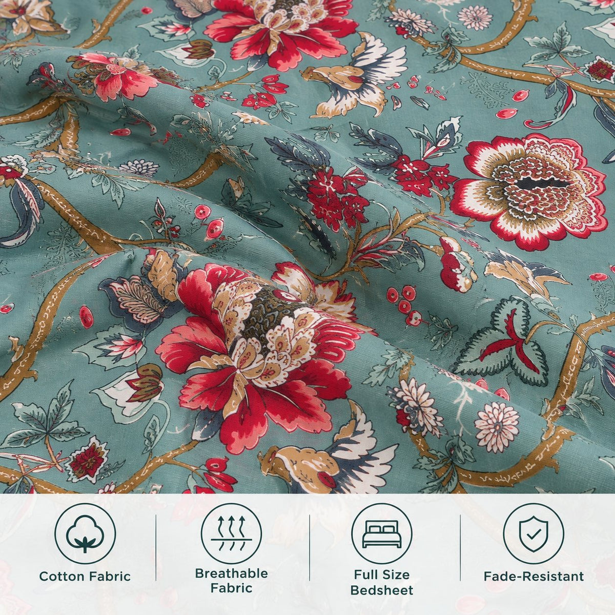 Jade Jacobean Cotton Bedsheet Set by Reet (green, sea green, red, floral)