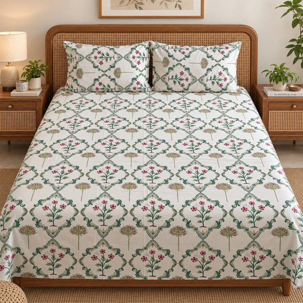 Gulabi Trellis Cotton Bedsheet Set by Reet (white, green, pink, floral)