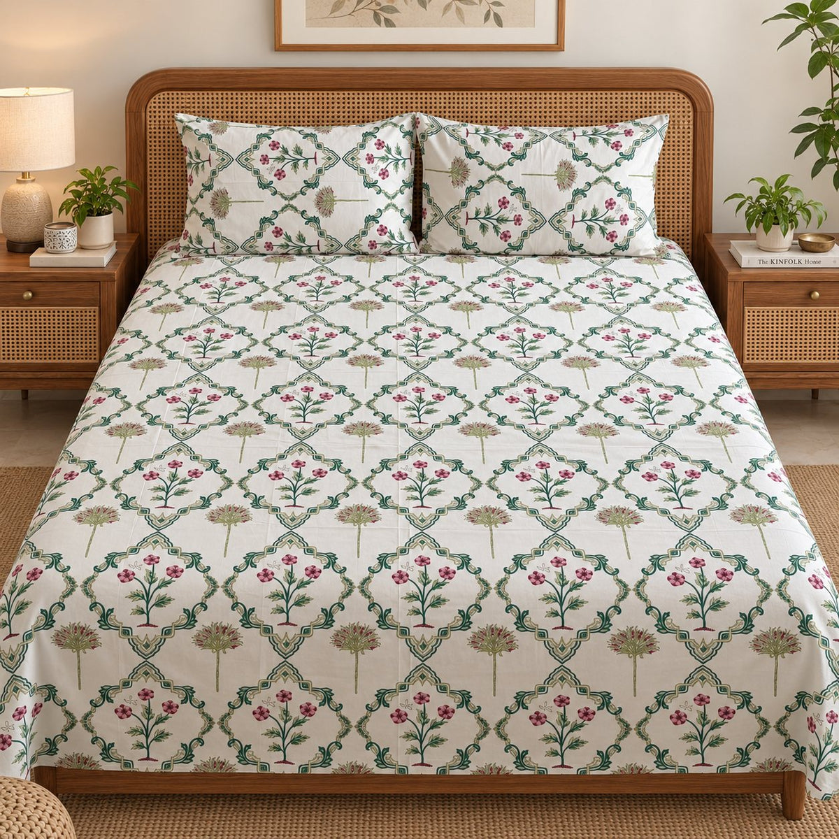 Gulabi Trellis Cotton Bedsheet Set by Reet (white, green, pink, floral)