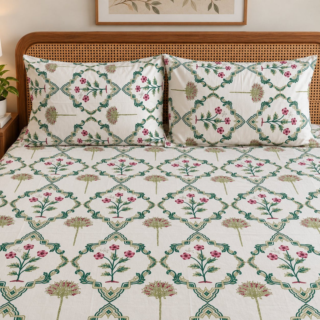 Gulabi Trellis Cotton Bedsheet Set by Reet (white, green, pink, floral)