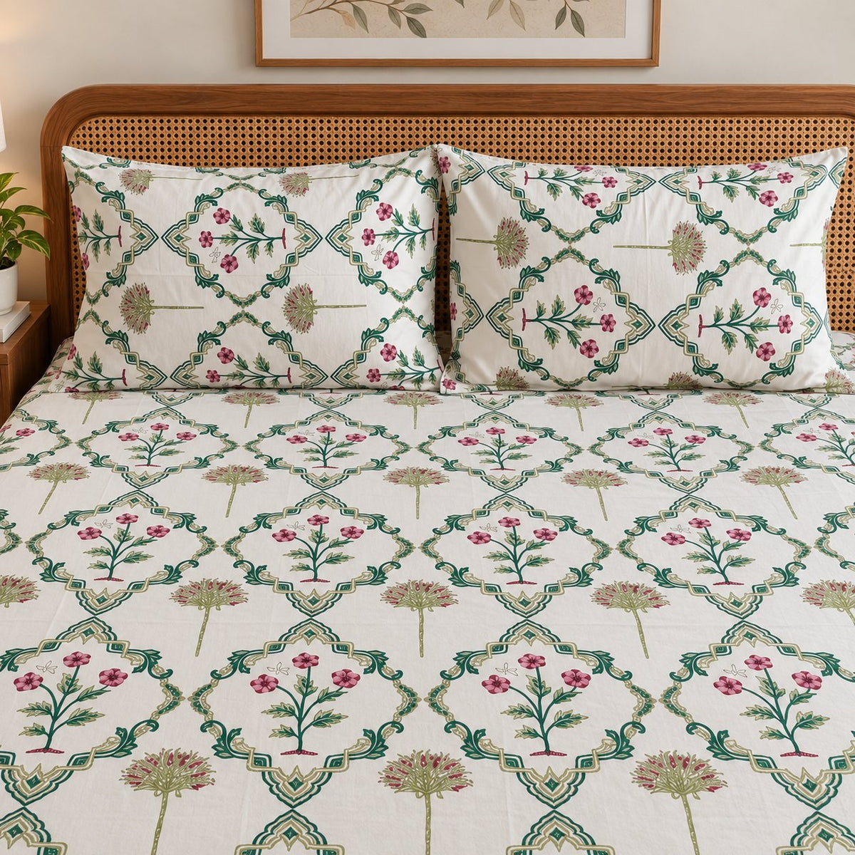 Gulabi Trellis Cotton Bedsheet Set by Reet (white, green, pink, floral)