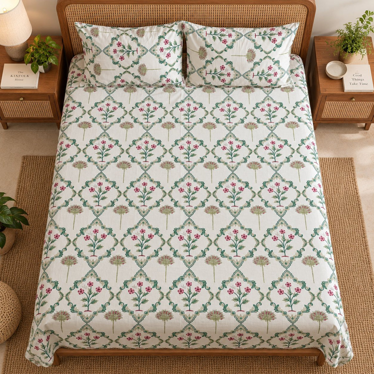 Gulabi Trellis Cotton Bedsheet Set by Reet (white, green, pink, floral)