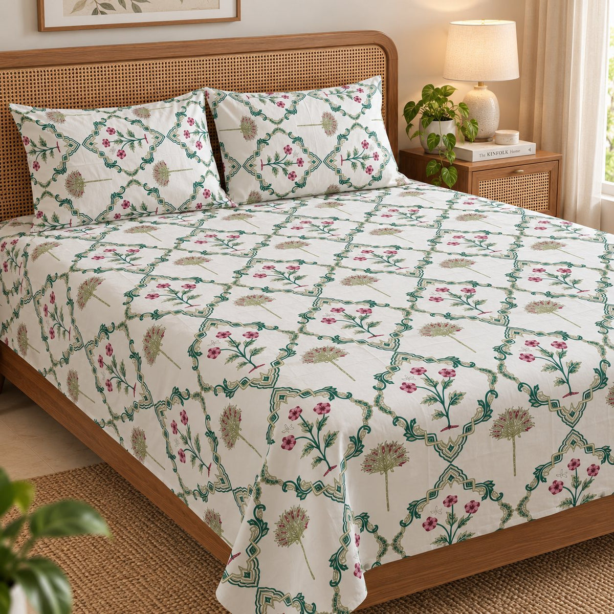 Gulabi Trellis Cotton Bedsheet Set by Reet (white, green, pink, floral)
