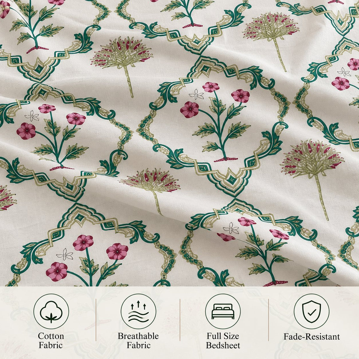 Gulabi Trellis Cotton Bedsheet Set by Reet (white, green, pink, floral)