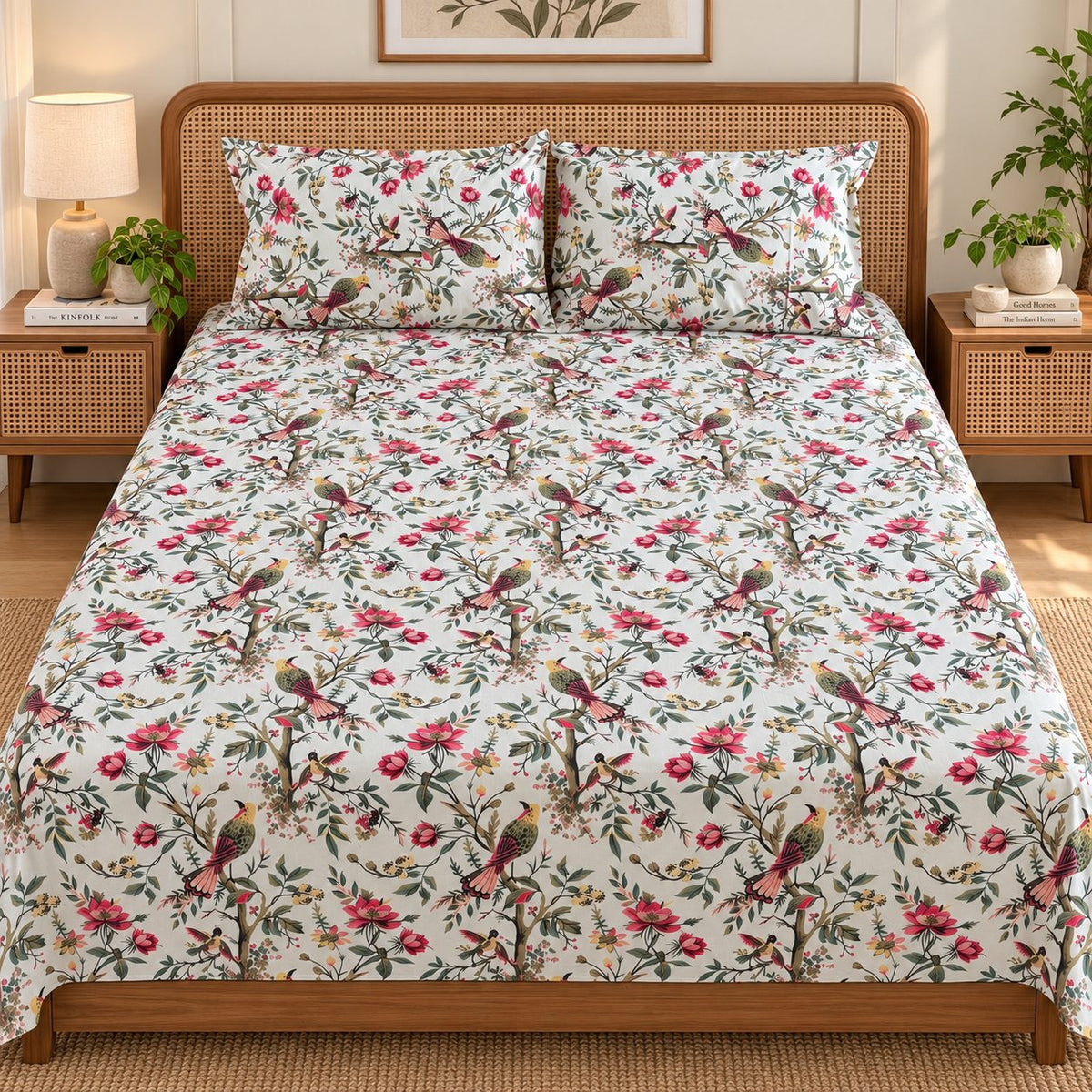 Songbird Bagh Cotton Bedsheet Set by Reet (white, pink, red, birds, floral)