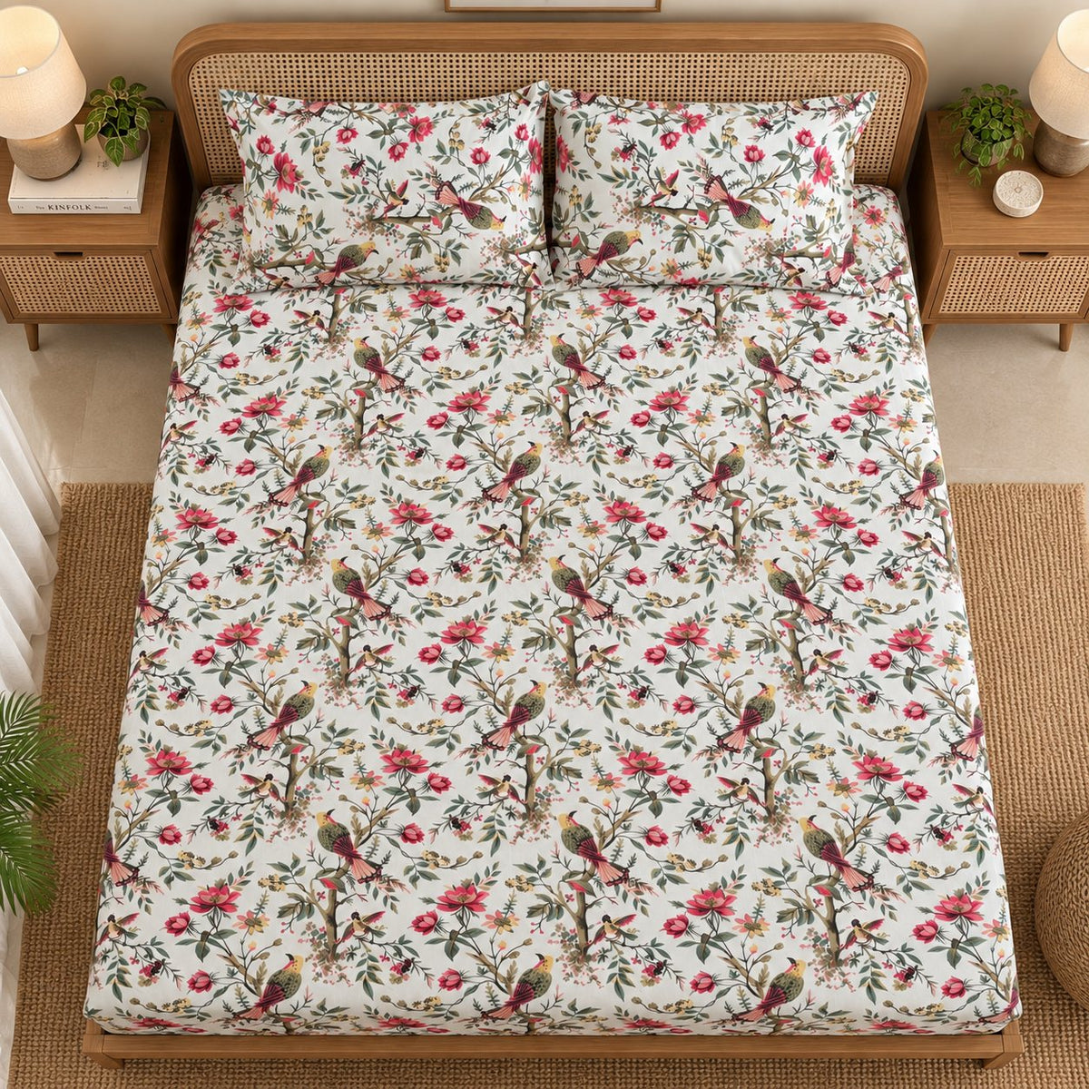 Songbird Bagh Cotton Bedsheet Set by Reet (white, pink, red, birds, floral)
