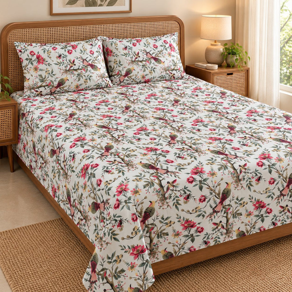 Songbird Bagh Cotton Bedsheet Set by Reet (white, pink, red, birds, floral)