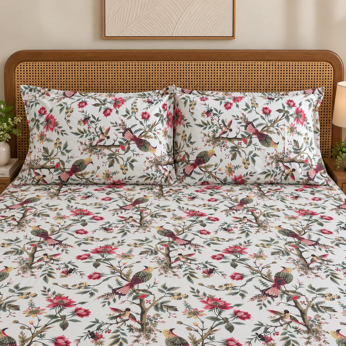 Songbird Bagh Cotton Bedsheet Set by Reet (white, pink, red, birds, floral)